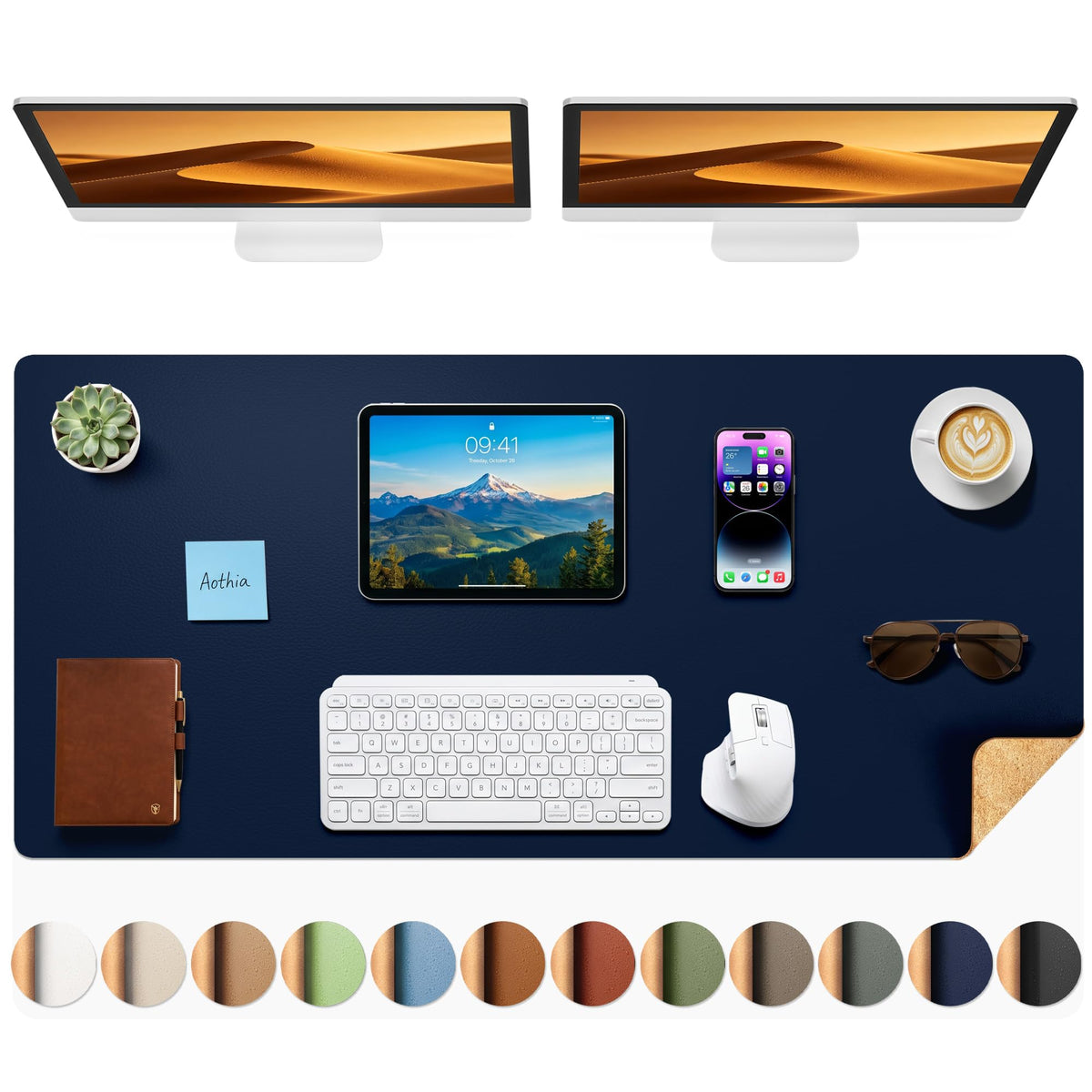 Aothia Dual-Sided Desk Mat, FSC Cork & PU Leather Desk Pad, Large Mouse Pad & Writing Surface for