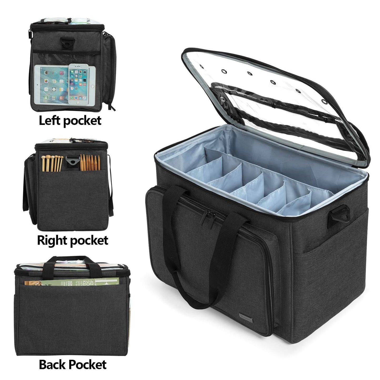 Teamoy Knitting Bag, Yarn Storage Organizer Crochet Bag Tote, Black