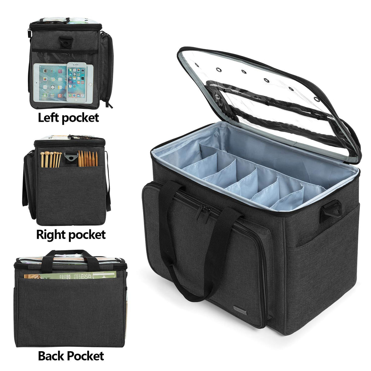 Teamoy Knitting Bag, Yarn Storage Organizer Crochet Bag Tote, Black