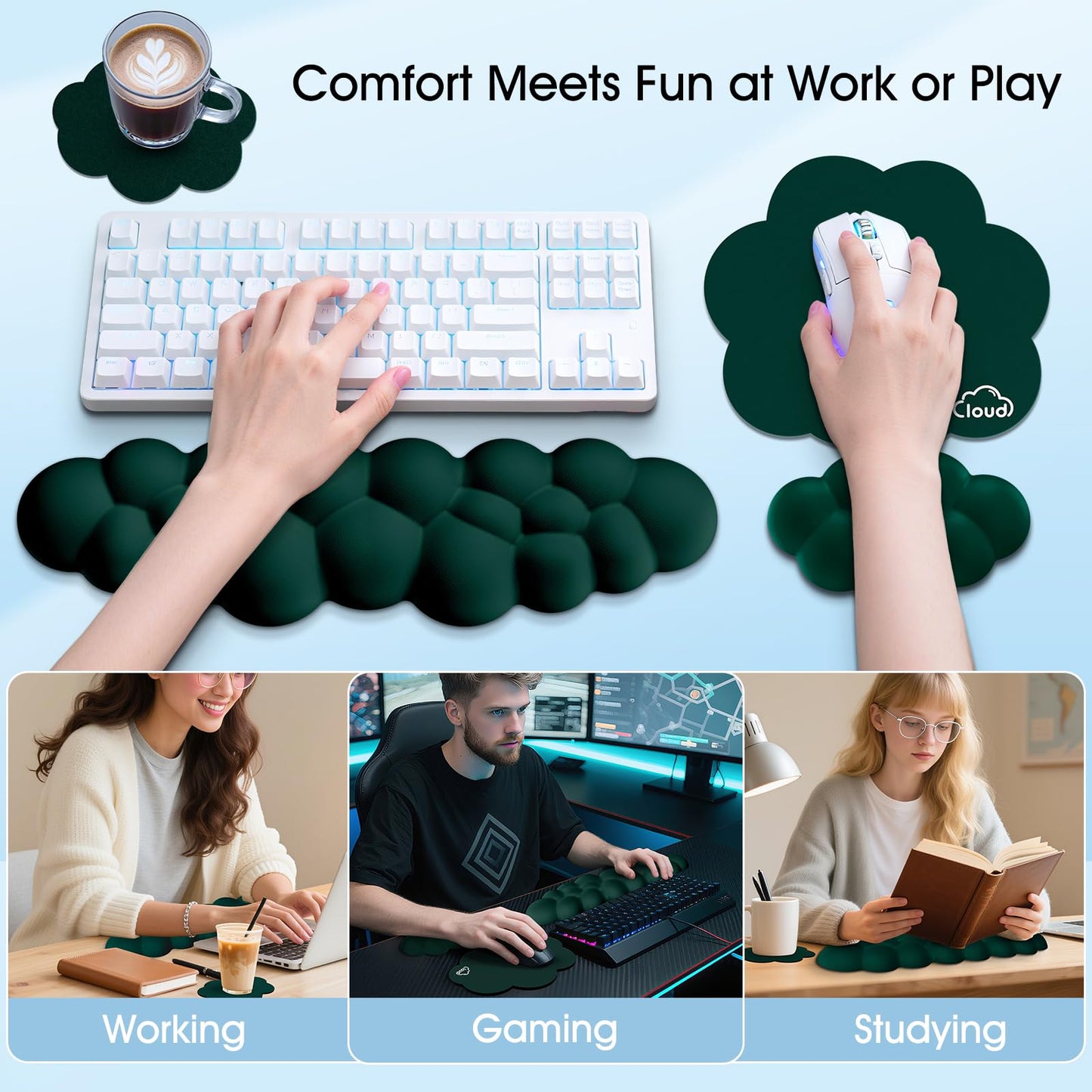 Retuhapy Cloud Wrist Rest Keyboard Cushion and Cloud Mouse Pad, Dark Green