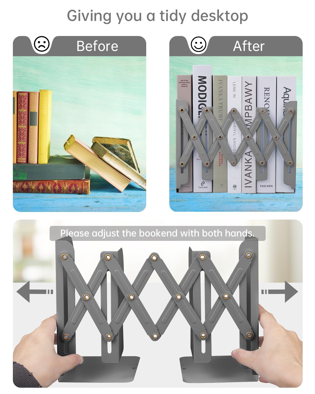 Honagu Adjustable Bookends, Metal Book Ends for Shelves Heavy Book