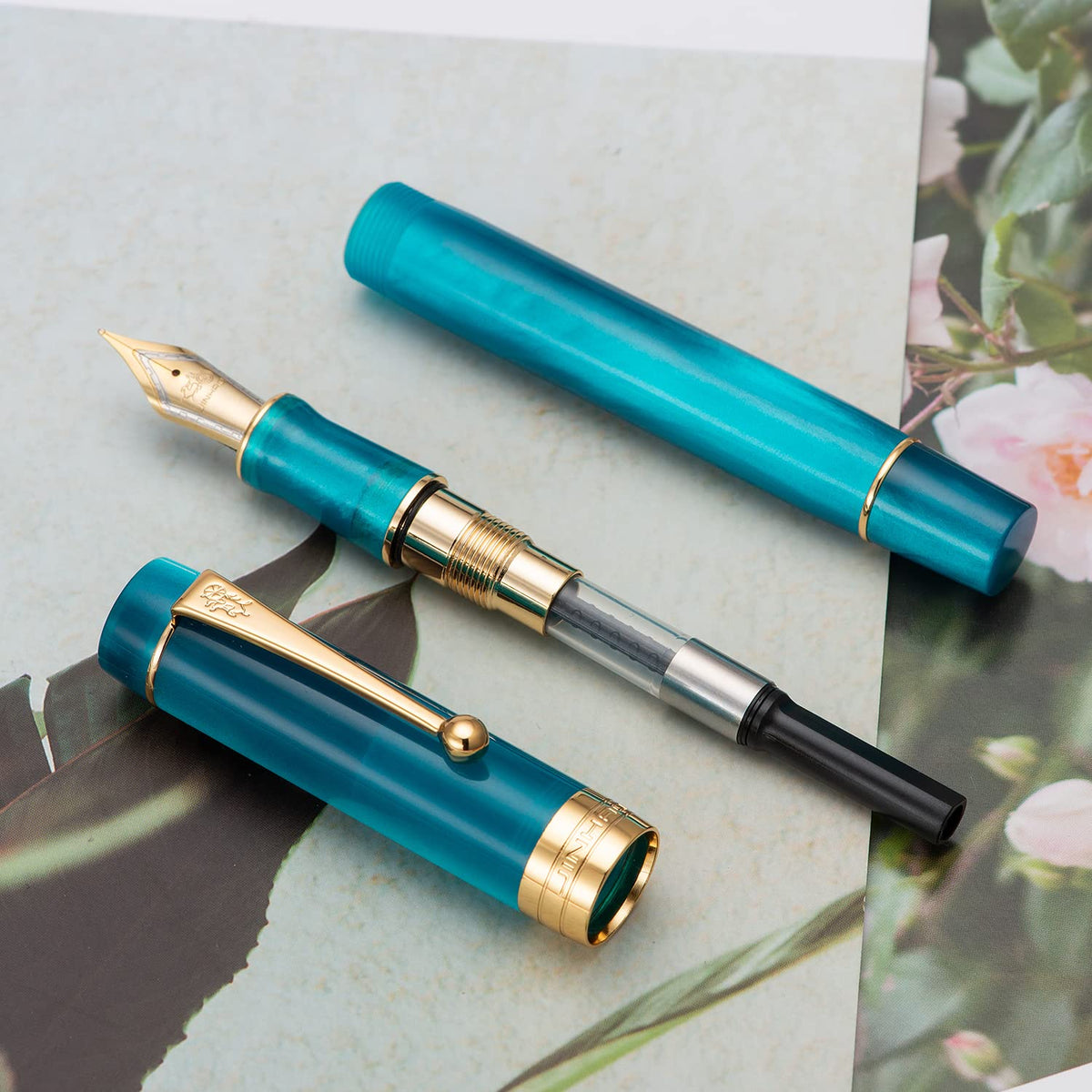Jinhao 100 Classic Fountain Pen Bent Nib, Peacock Blue Celluloid Fude Pen Calligraphy from Fine to