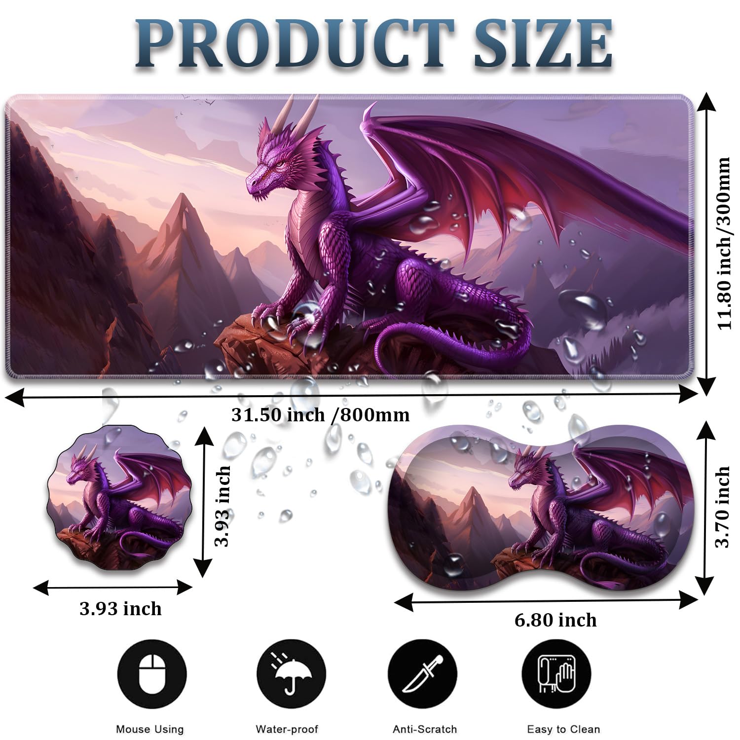 3-Piece Purple Dragon Mouse Pad Set, Including Wrist Support Pad and Cup Holder, with Waterproof