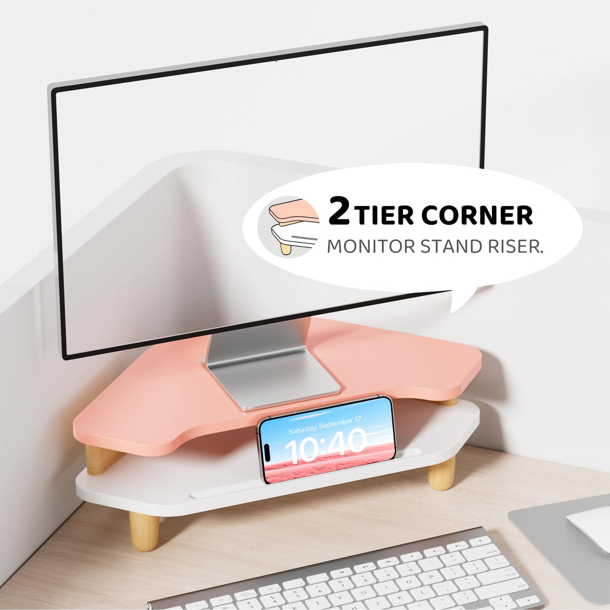 AFOOYO Monitor Stand Riser,2 Tier Corner Wood Sturdy 16.5In Computer Stand, Multi-Purpose Desktop