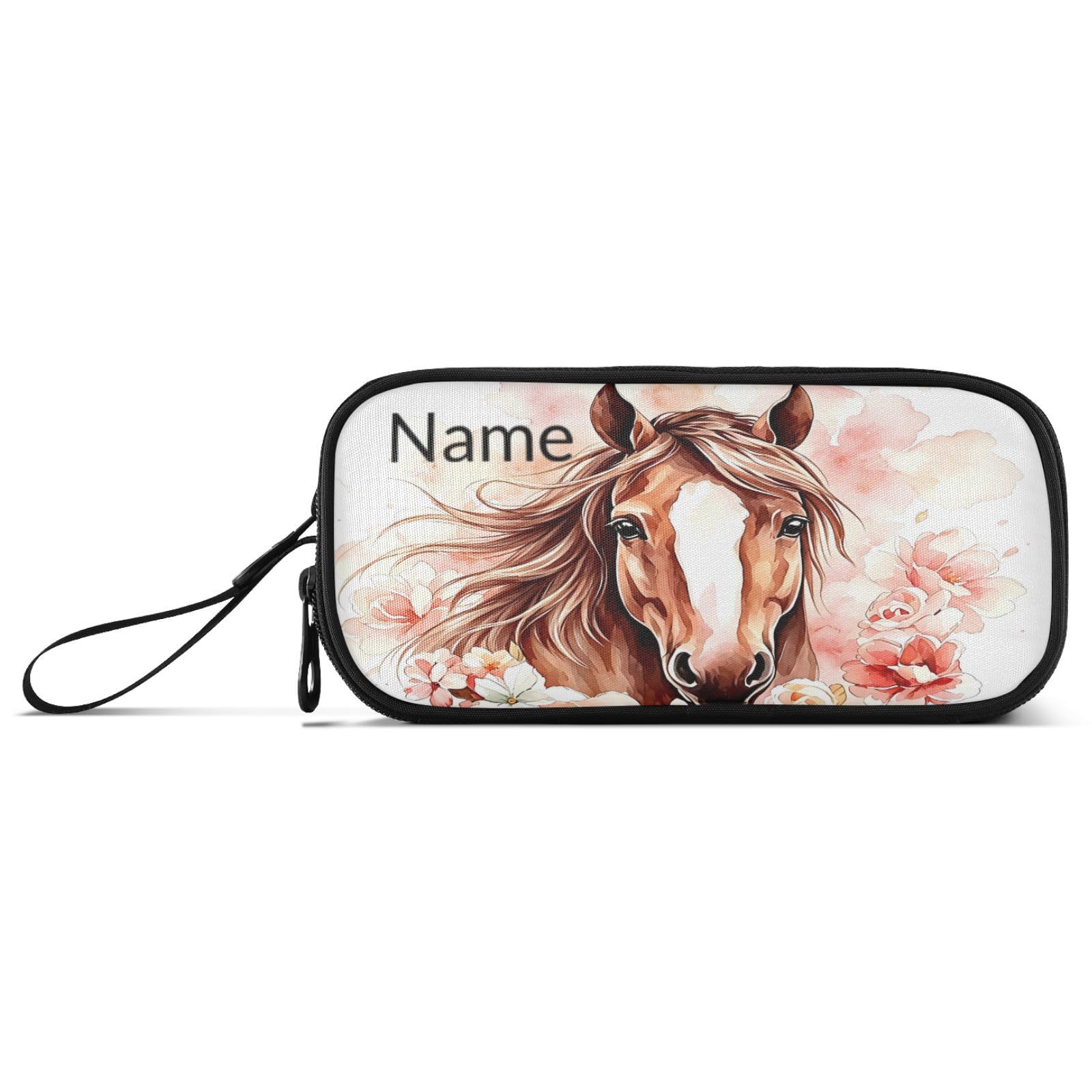 BOENLE Custom Brown Horse Flower Pencil Case Box Boys Girls Personalized Name Large Pencil Pouch