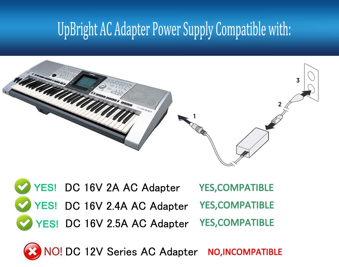 UpBright 16V AC/DC Adapter Compatible with Yamaha PA-300 PA-301 PA-300B PA-300C P-120 S Pro P-120S