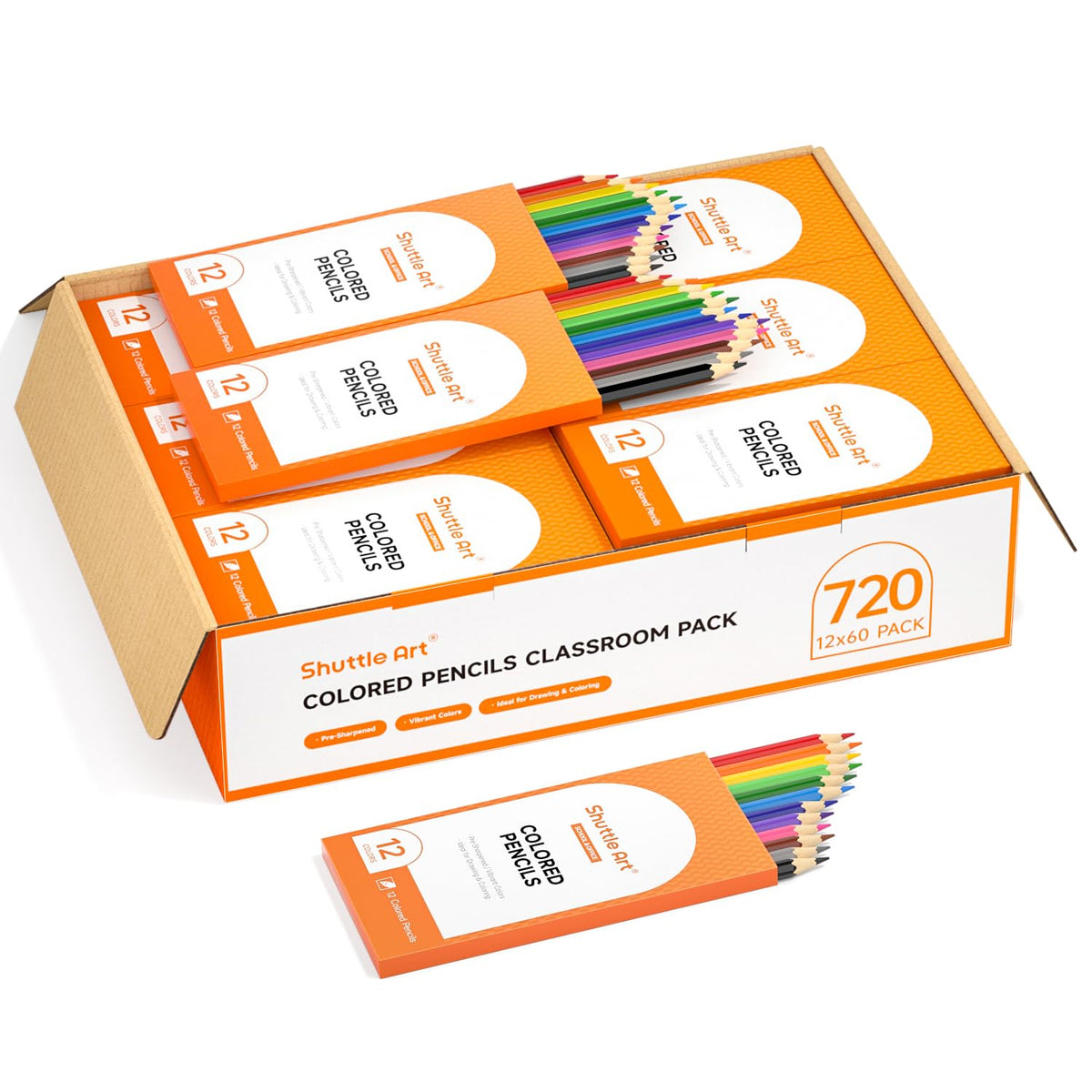 Shuttle Art 720 Colored Pencils Bulk, 12 Vibrant Colors, Pack of 60, Pre-sharpened Coloring