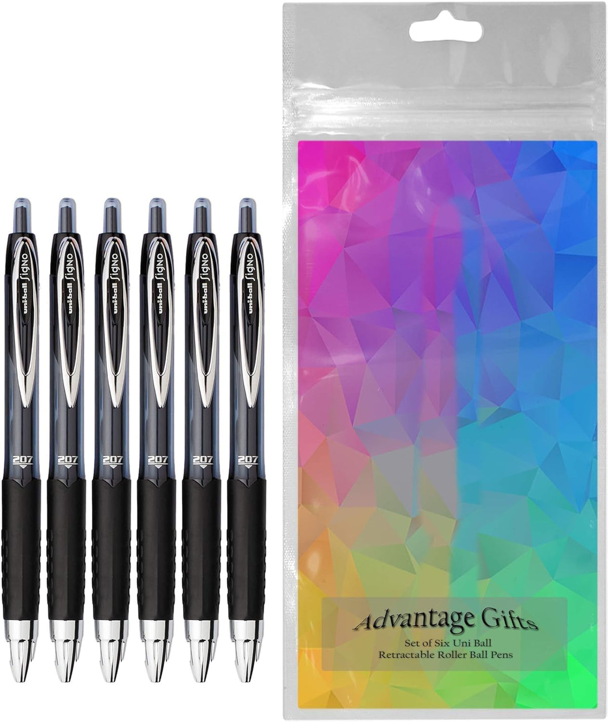 Advantage Gifts Signo 207 Roller Ball Retractable Gel Pens, Medium Point (0.7mm), Black Ink, 6
