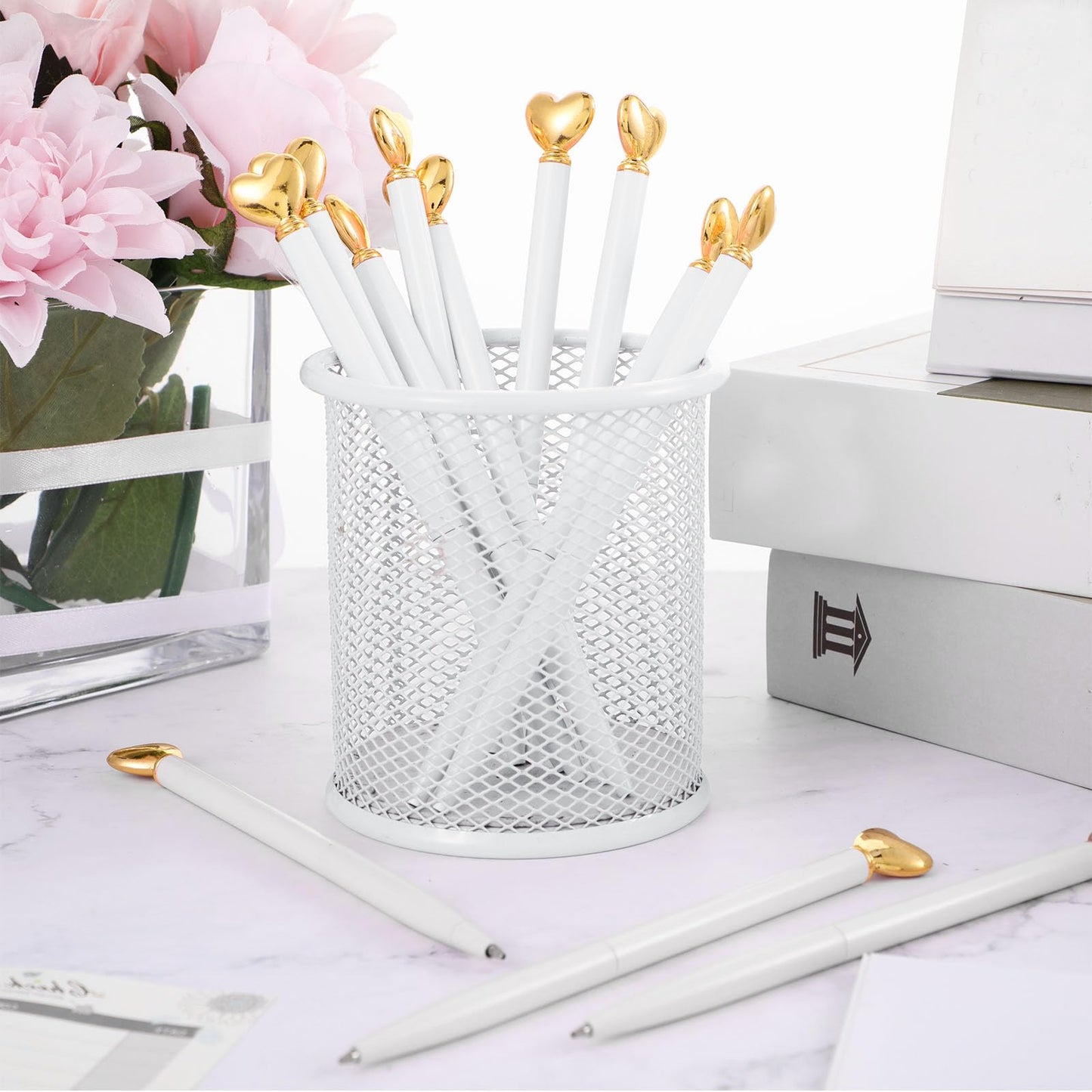 Thenshop White 24 Pcs Heart Shaped Pens Retractable Metal Cute Pens 1.0 mm Black Ink Ballpoint