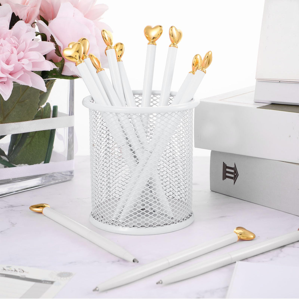Thenshop White 24 Pcs Heart Shaped Pens Retractable Metal Cute Pens 1.0 mm Black Ink Ballpoint