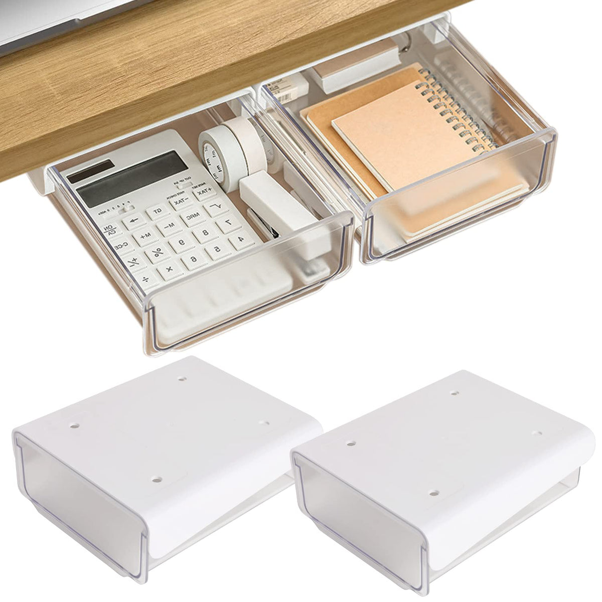 OSPNIEEK Self-adhesive Under Desk Drawer Organizer, 2 Pack Table Hidden Slide Out Large Storage