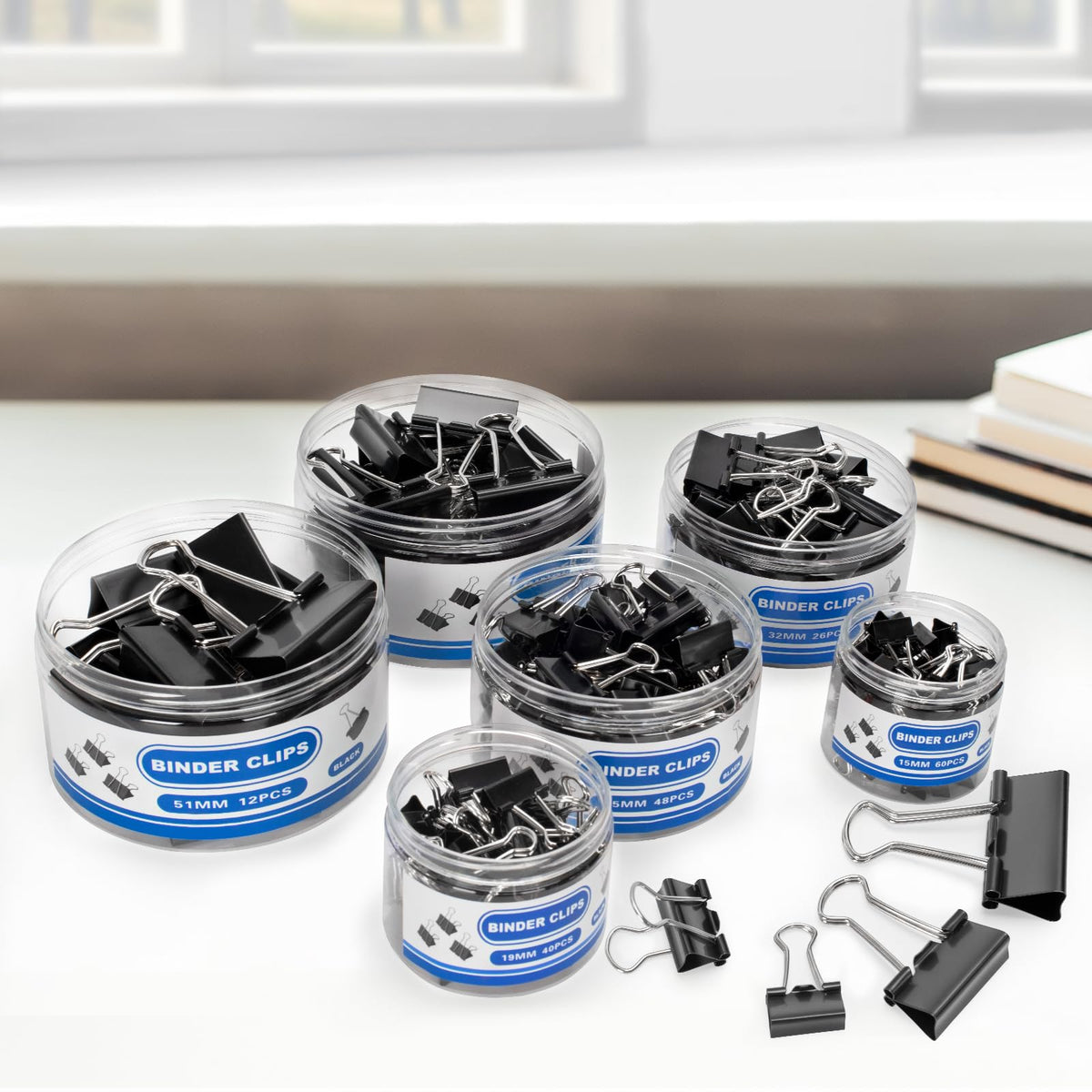 BainGesk 210 Binder Clips, 6 Assorted Sizes, Black Metal Paper Clamps