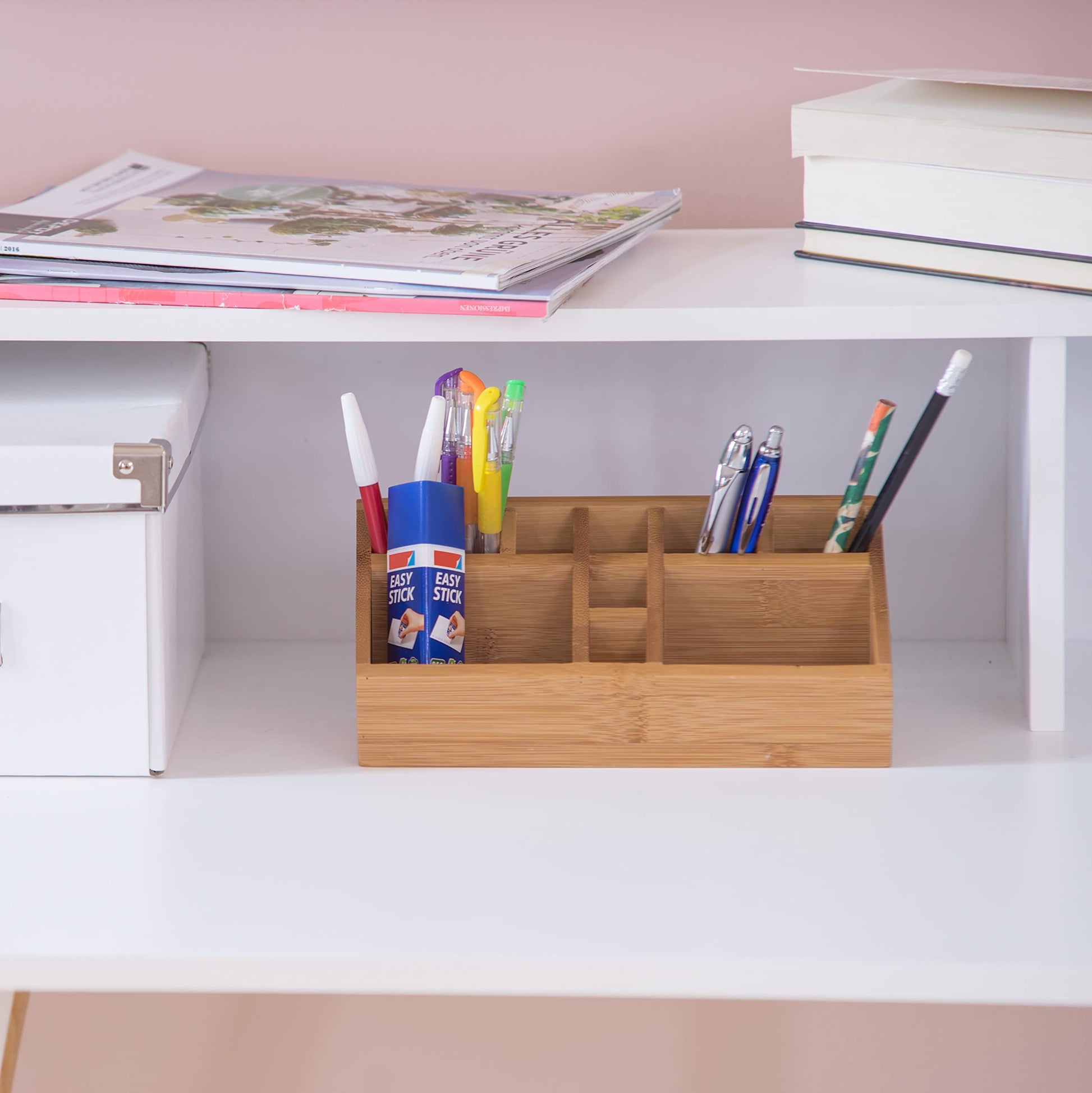 Relaxdays Bamboo Desk Organiser, Pencil Holder, 10 Compartments, Wood Grain, Size: 10 x 23 x 10 cm