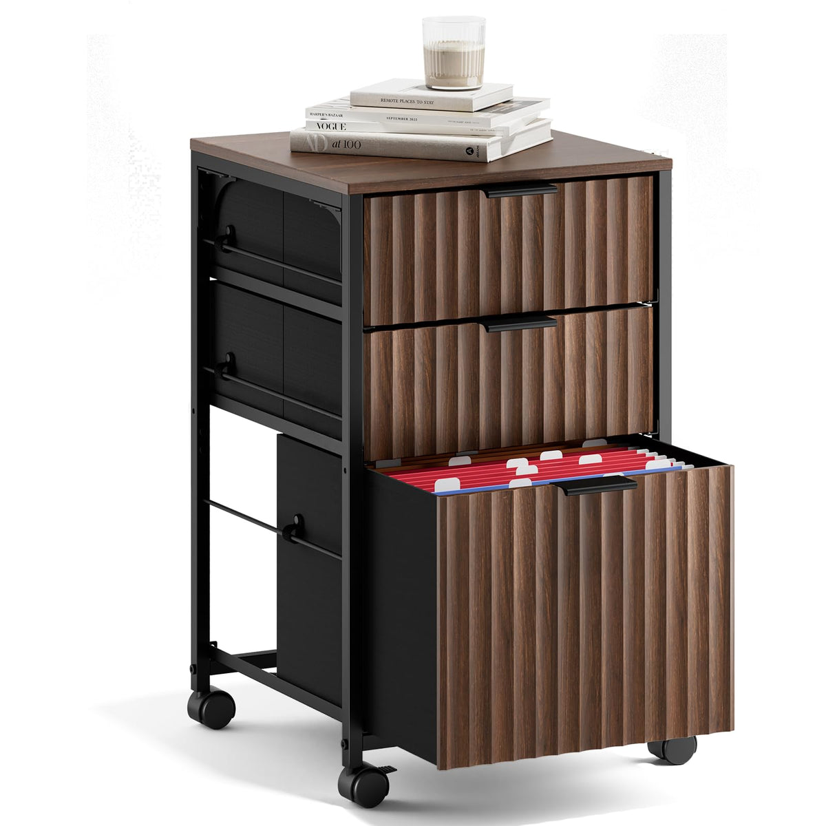 Bonnlo 3 Drawer Fluted File Cabinet, Rolling File Cabinet Mobile Under Desk File Cabinet with