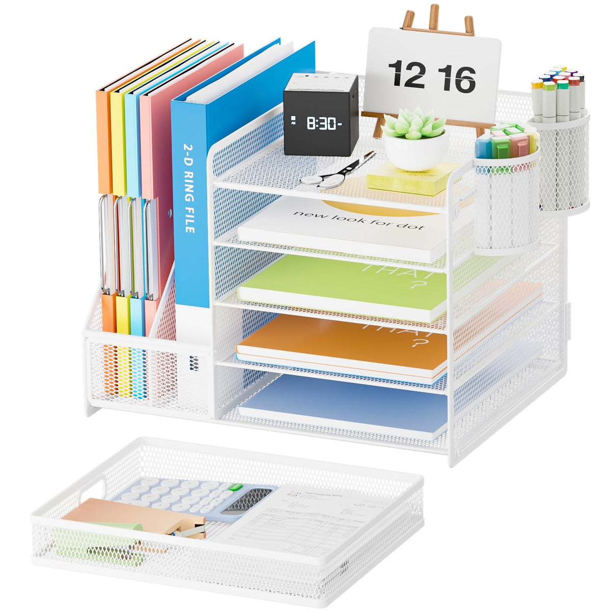 Lavatino Desk Organizer with File Holder, 5-Tier Paper Letter Tray Organizer with Sliding Drawer