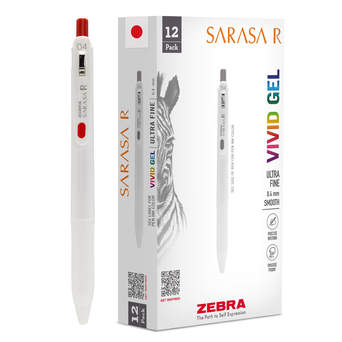 Zebra Pen SARASA R Vivid Gel Retractable Pen, Red Ink, 0.4mm, 12-Pack