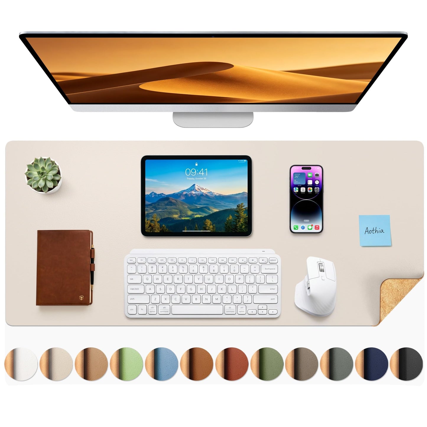 Aothia Dual-Sided Desk Mat, FSC Cork & PU Leather Desk Pad, Large Mouse Pad & Writing Surface for