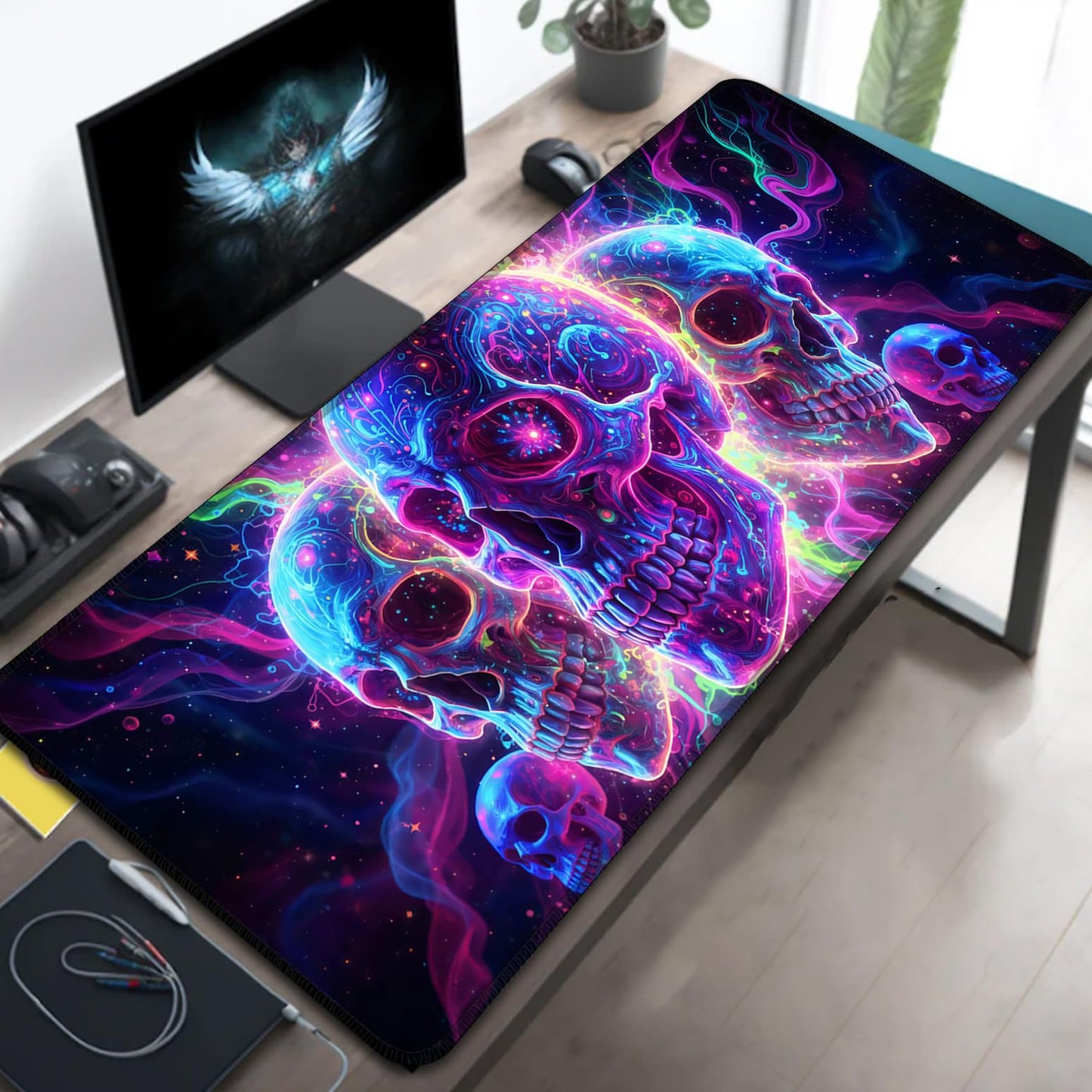 Manicer Blacklight Skull Mouse Pad – UV Reactive Neon Glow Gaming Desk Mat, Colorful Skeleton