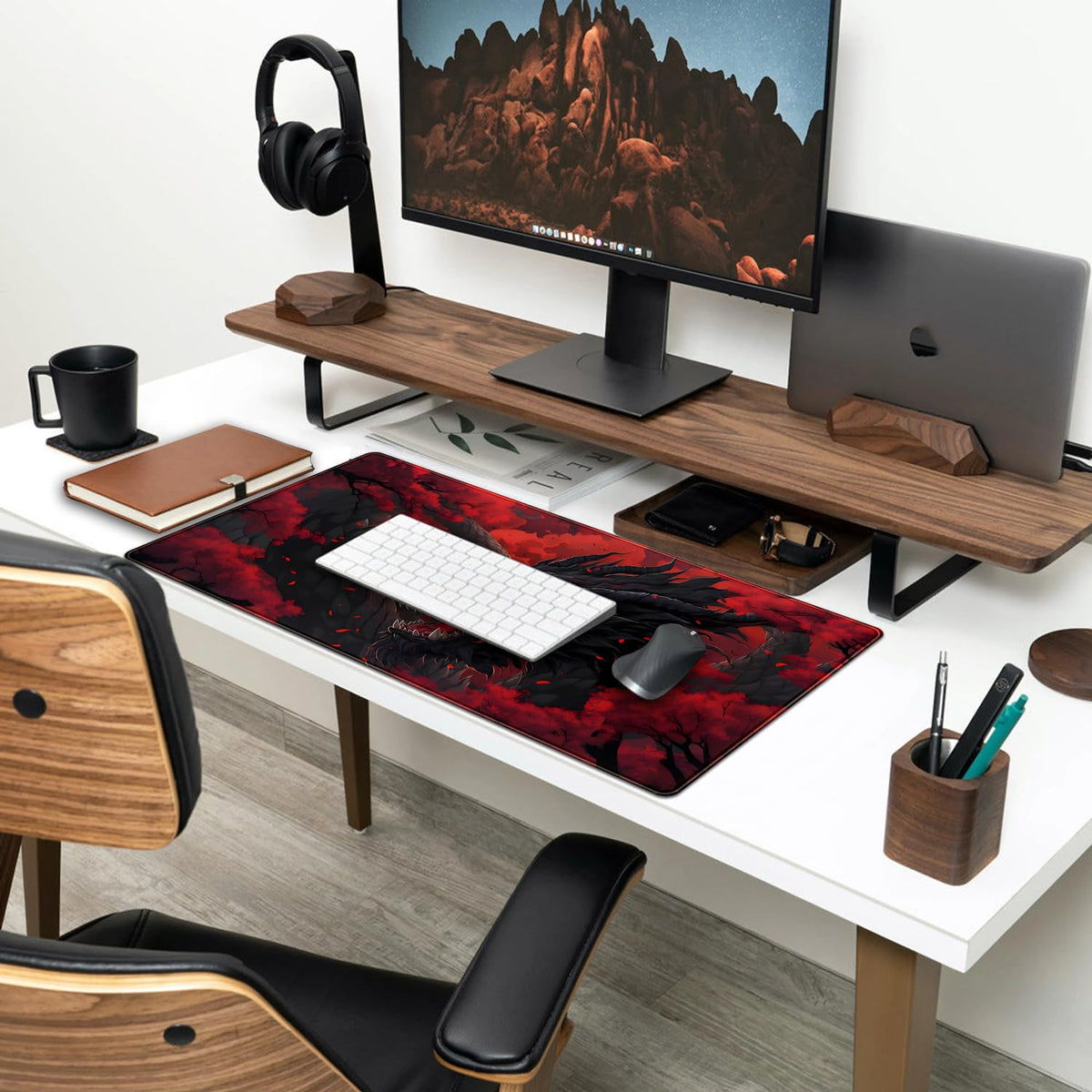 Huge Dragon Large Mouse Pad - Red and Black Mousepad, Big Full Keyboard and Mouse Pad with Stitched