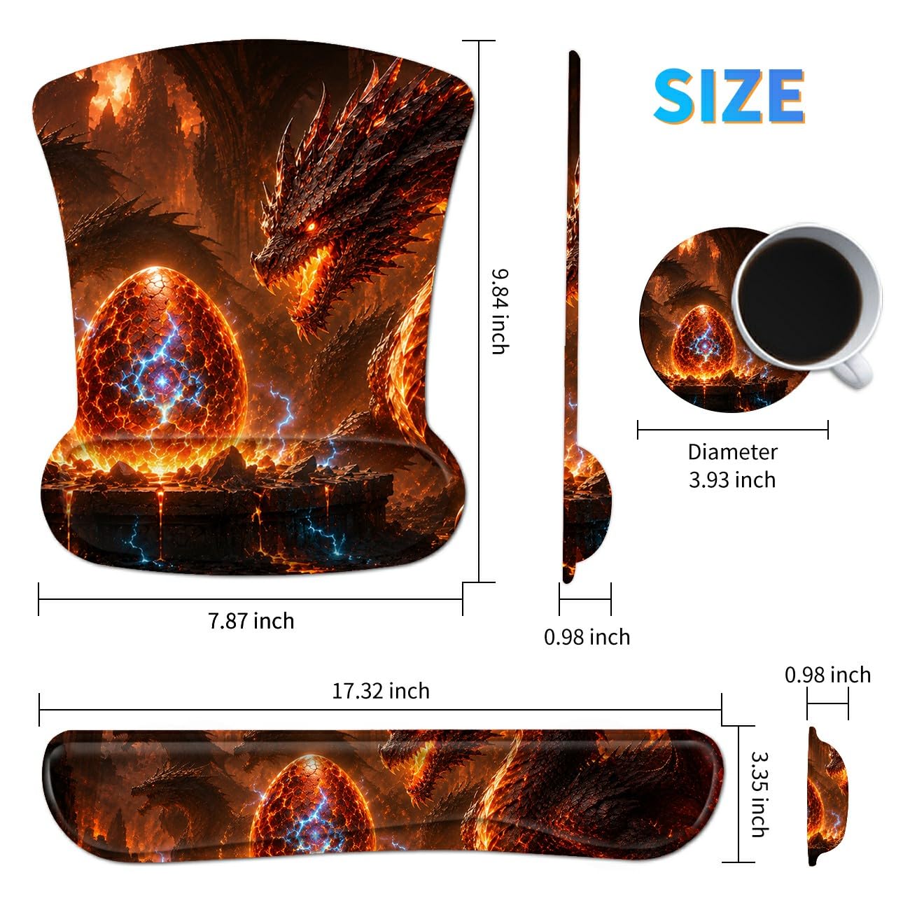 3-in-1 Ergonomic Memory Foam Keyboard Wrist Rest Pad Set, Dragon Egg