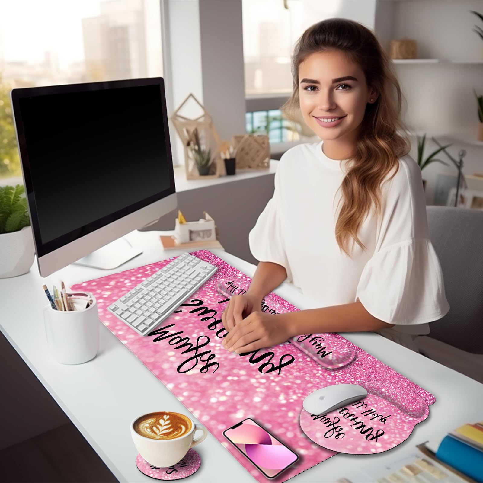 LIMKRIAN Pink Ergonomic Mouse Pad Set, Large Desk Matt for Desktop Decor