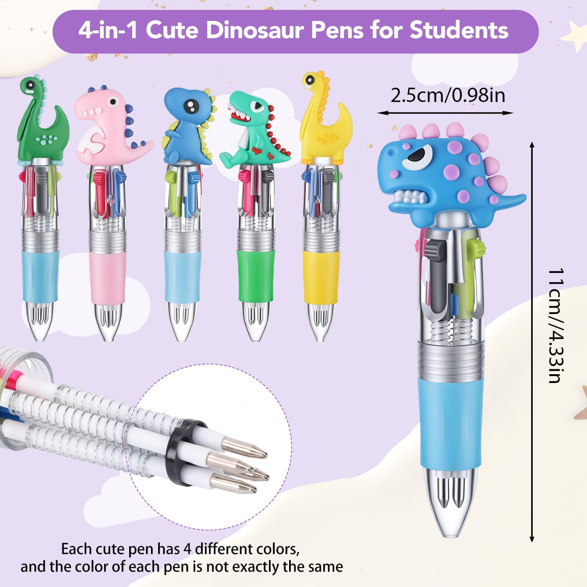 BESARME 48 Pcs Dinosaur Pens for Students, 4-in-1 Cute Pen Gifts
