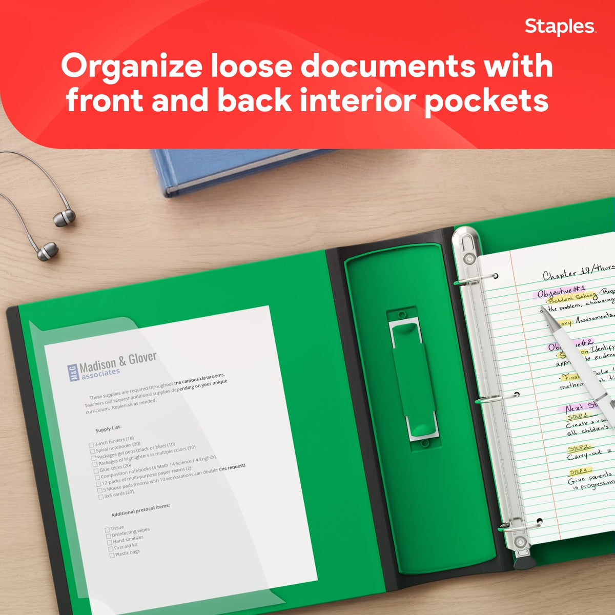 Staples Heavy-Duty 3-Inch D-Ring Binder, Green, Holds 600 Sheets