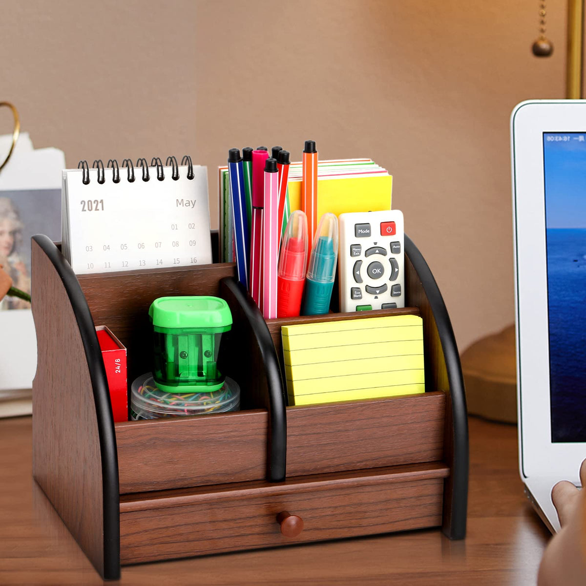 Foraineam Wooden Desk Organizer with Drawer, Remote Control Holder Caddy, Makeup Organizers, Wood