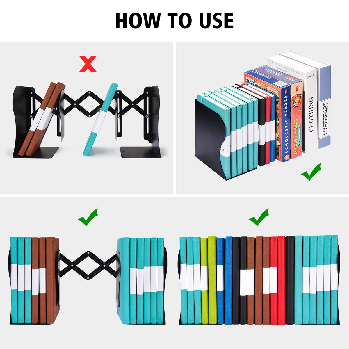 Adjustable Bookends, Metal Book Ends for Heavy Book, 2 Dividers, Nonslip Book Stander for Desk