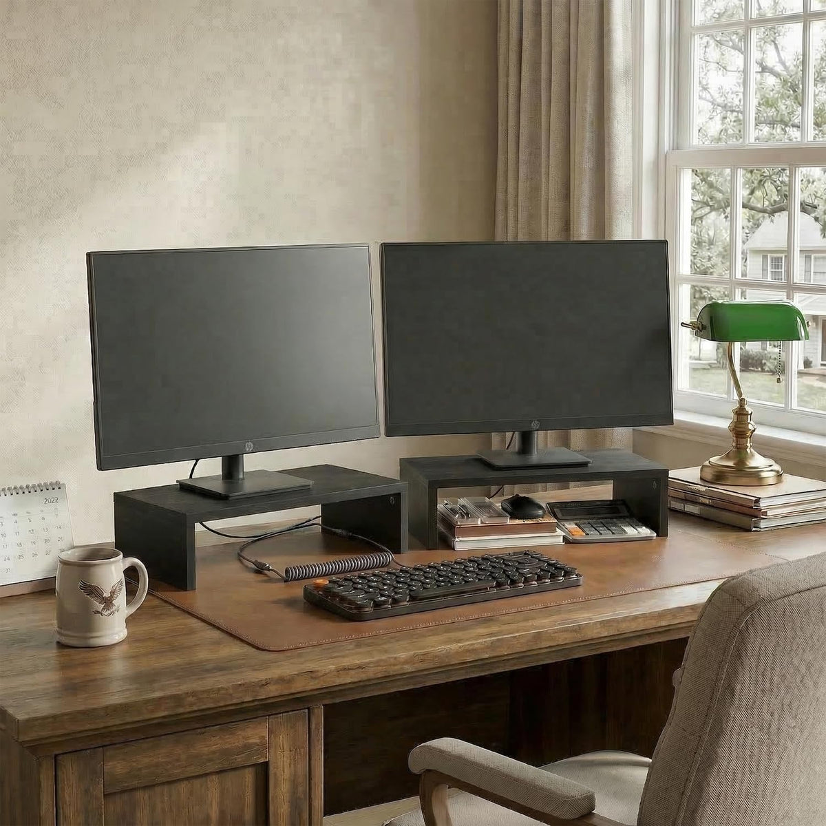 Furinno CLASSIC Monitor Stand Riser Set of 2, 15.7" Wide Dual Monitor Riser, Stackable Separable