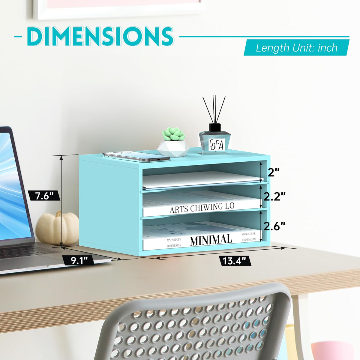 3 Tier Wood Desk Organizer, Mail Sorter and Paper Organizer for Desk, Blue