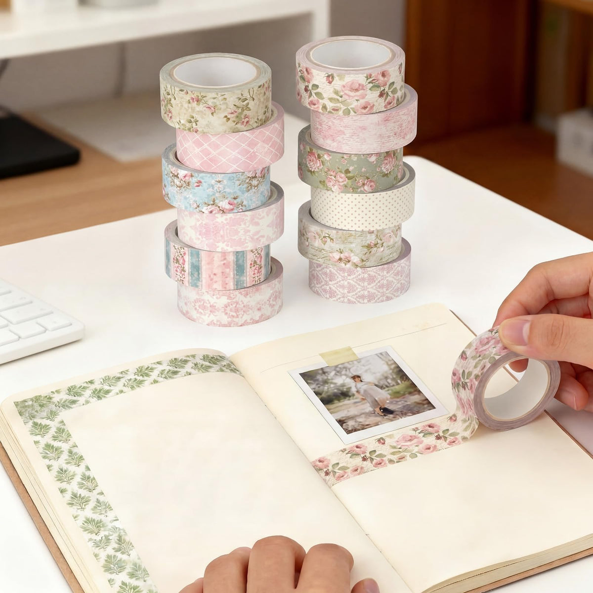 YooNotee 12 Rolls Floral Washi Tape Set,Vintage Pink,Rose