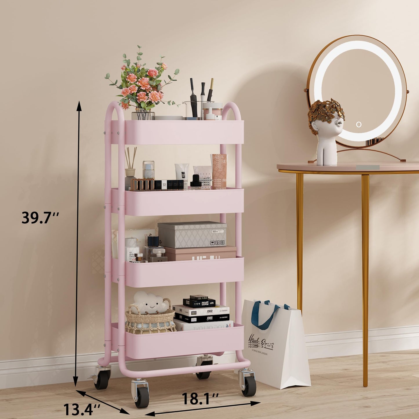 Elitehouse 4 Tier Metal Rolling Cart Pink Utility Cart with Wheels,Rolling Pink Cart for