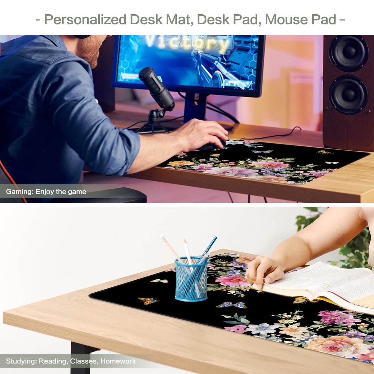 Pink Flower Desk Mat Mouse Pad Waterproof, Butterfly Floral XXL Extended Large Gaming Desk Pad