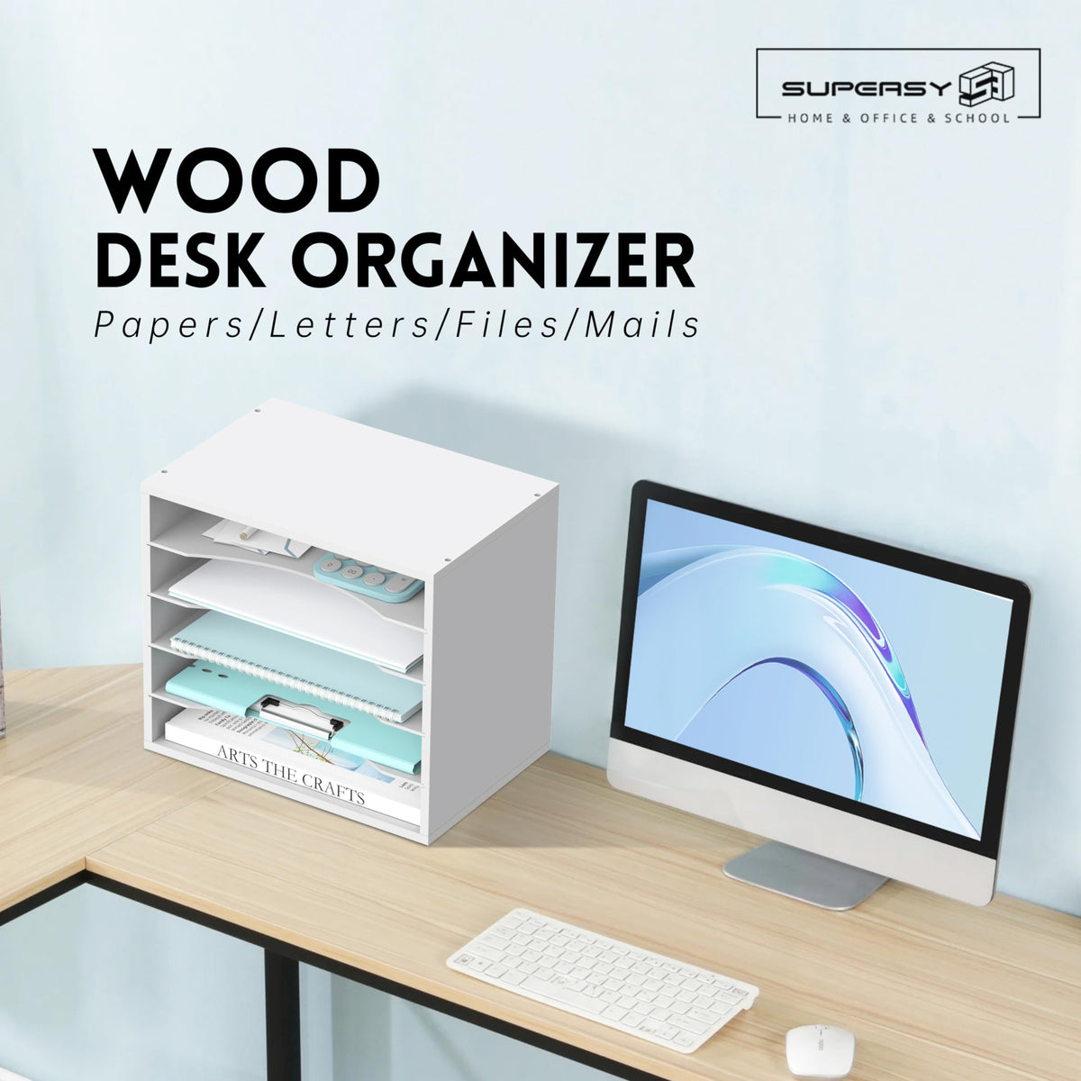 5 Tier Wood Desk Organizer, Mail Sorter and Paper Organizer for Desk, White