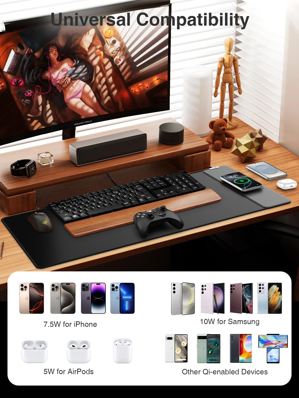 Wireless Charging Mouse Pad, 31.5"x15.8" Large Desk Mat, Smooth Glide