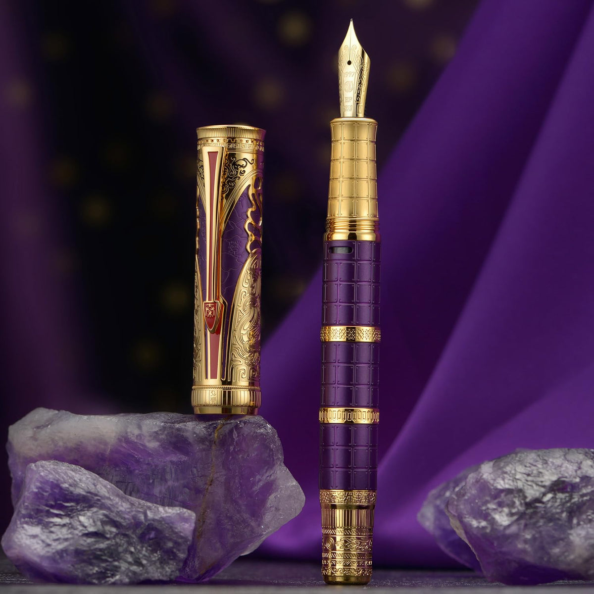 HONG DIAN D5 Qin Dynasty Fountain Pen Purple Gold, Fine Nib Piston Filling Pen, Retro Chinese Totem