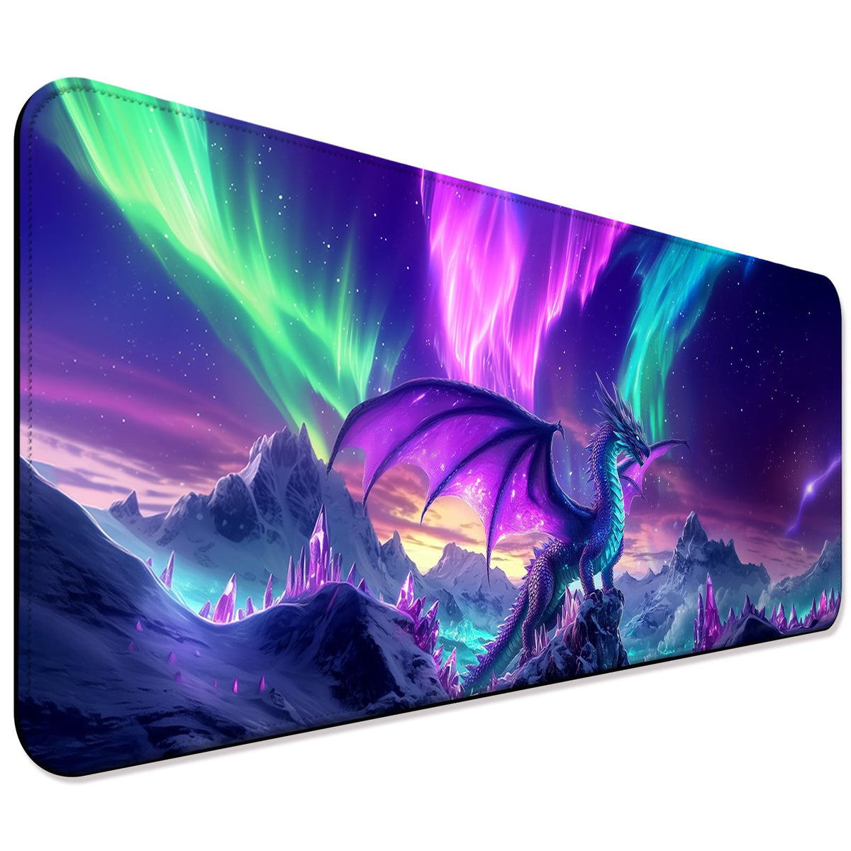 JIANG100 Fantasy Dragon Under Aurora Sky Gaming Desk Mat & Mouse Pad, XL