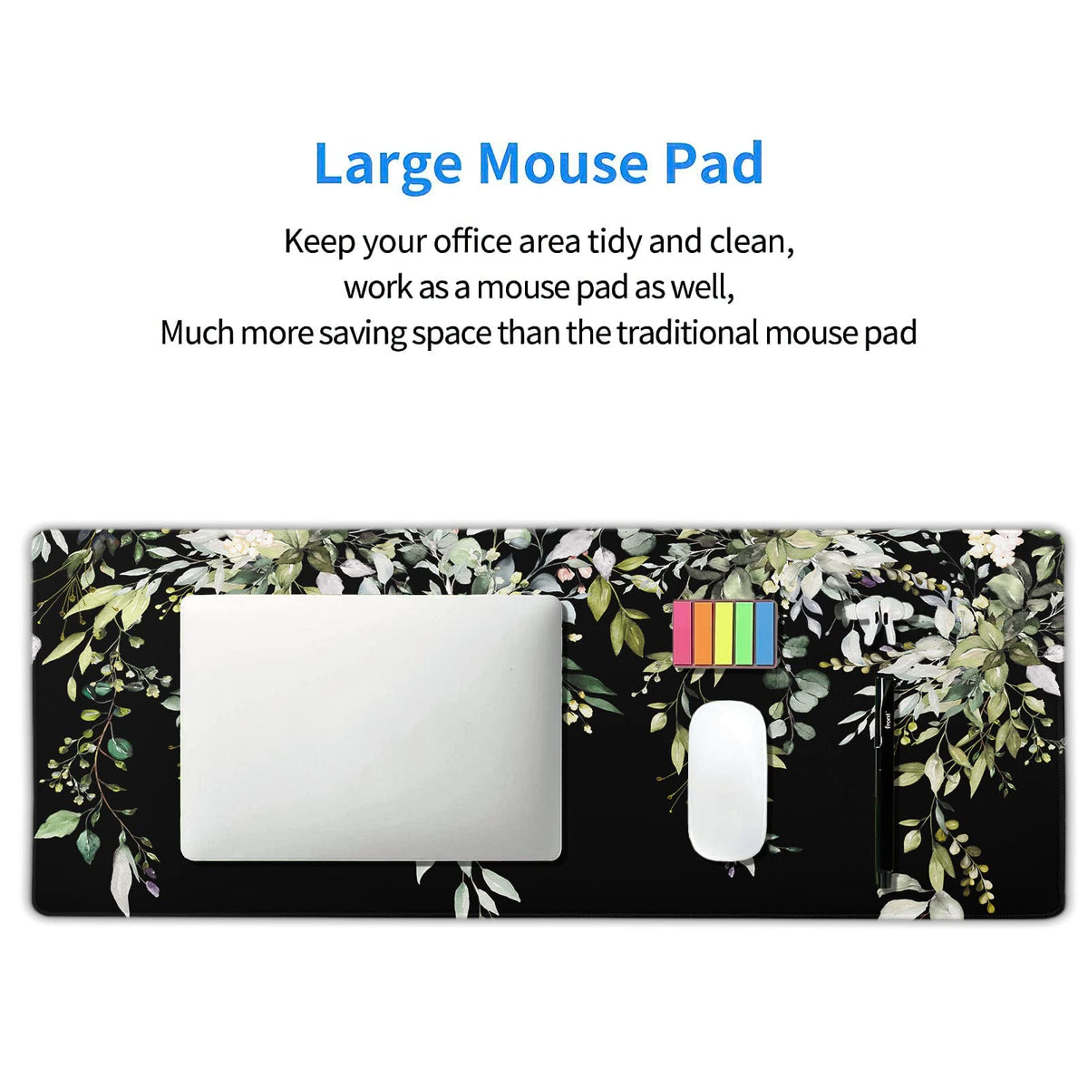 aportt Sage Green Leaves Gaming Mouse Pad XL Spring Summer Floral Extended Large Desk Mat Black Big