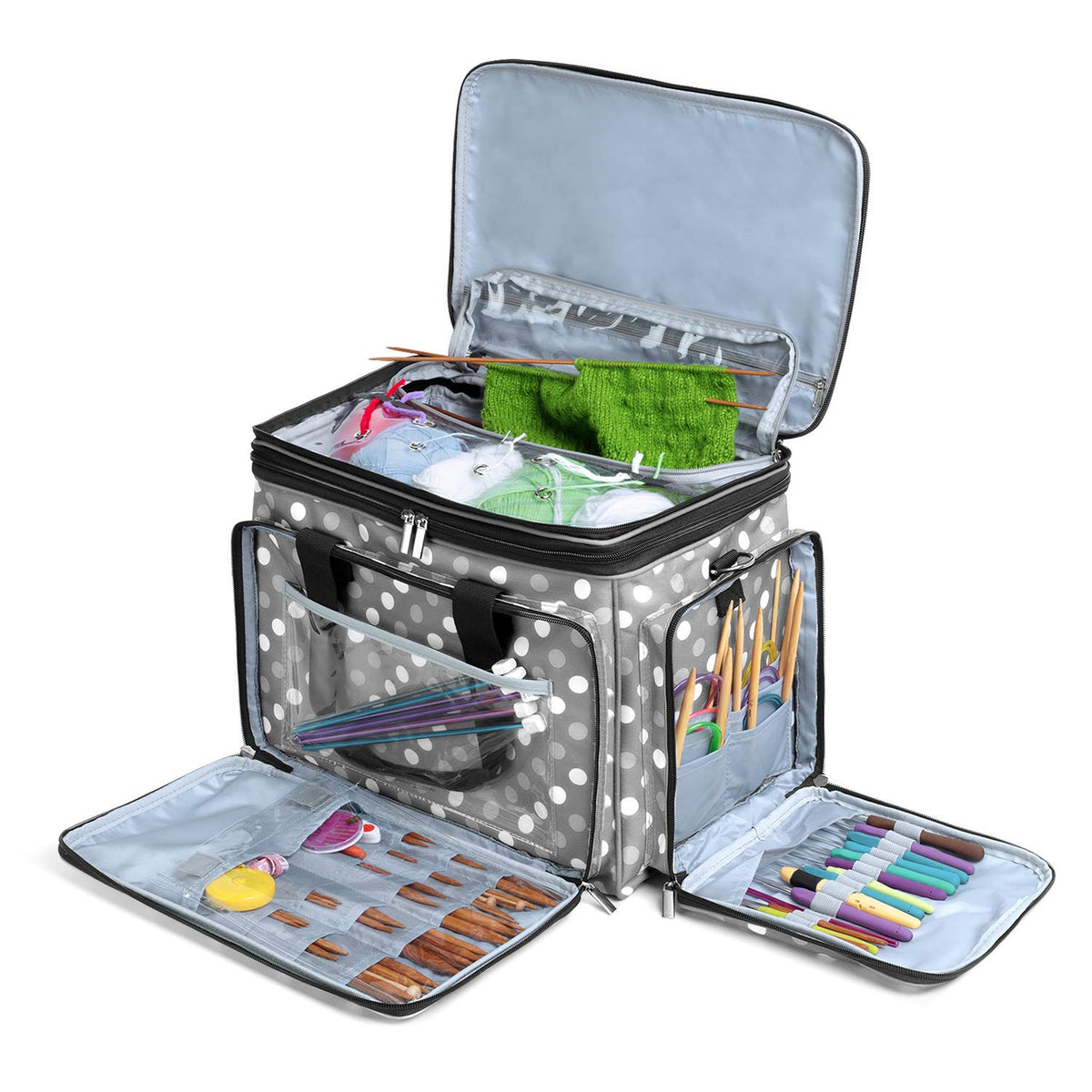 LUXJA Portable Yarn Knitting Storage Tote Bag, Gray Dots