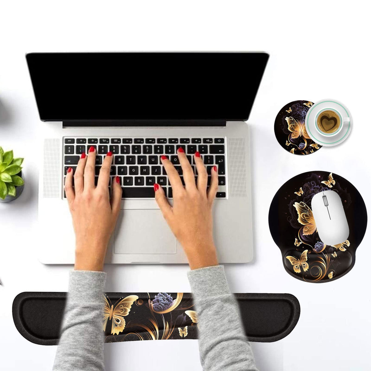 Keyboard Wrist Rest and Mouse Pad Wrist Support Set with Coffee Coaster, Non-Slip PU Base for