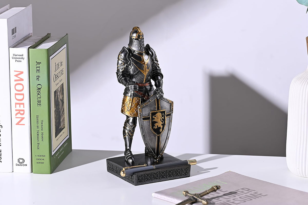 HDMbigmi King's Guard Knight Pen Holder Statue with Shield for Desk Iron