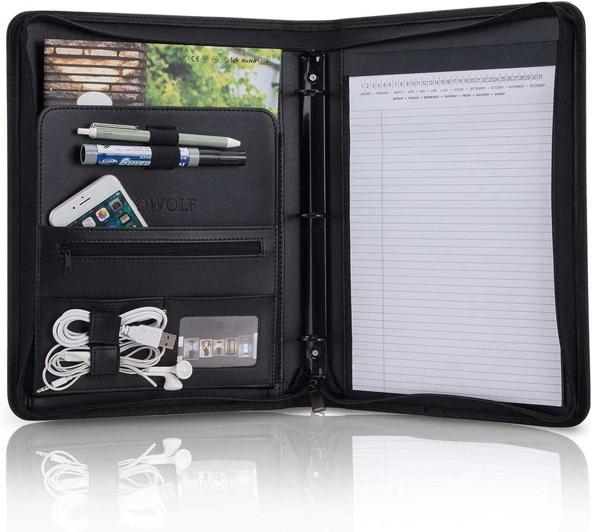 OOWOLF Portfolio Business Padfolio Folder with Zipper 3 Ring, Conference Meeting Executive File
