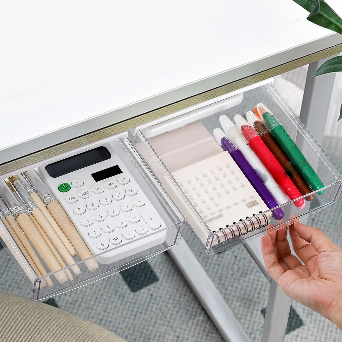 SOUJOY 3 Pack Under Desk Drawer, Self-Adhesive Slide Out Organizer Tray, Plastic Stick On Table