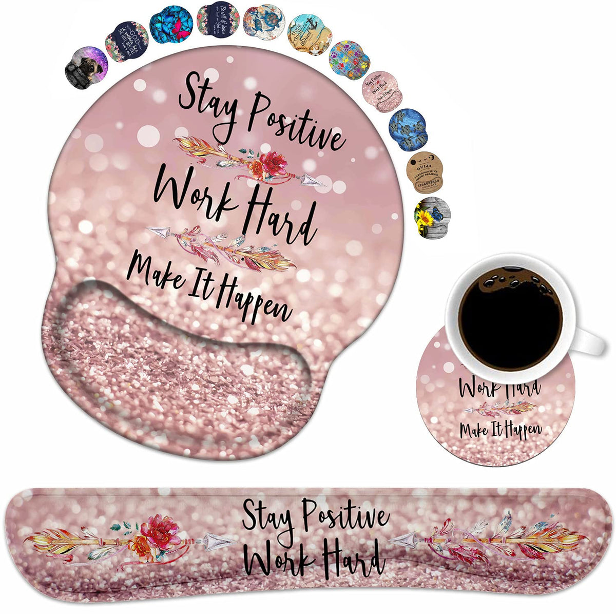 LOWORO Keyboard Wrist Rest and Mouse Pad Support Set with Coasters, Inspirational Quote Stay