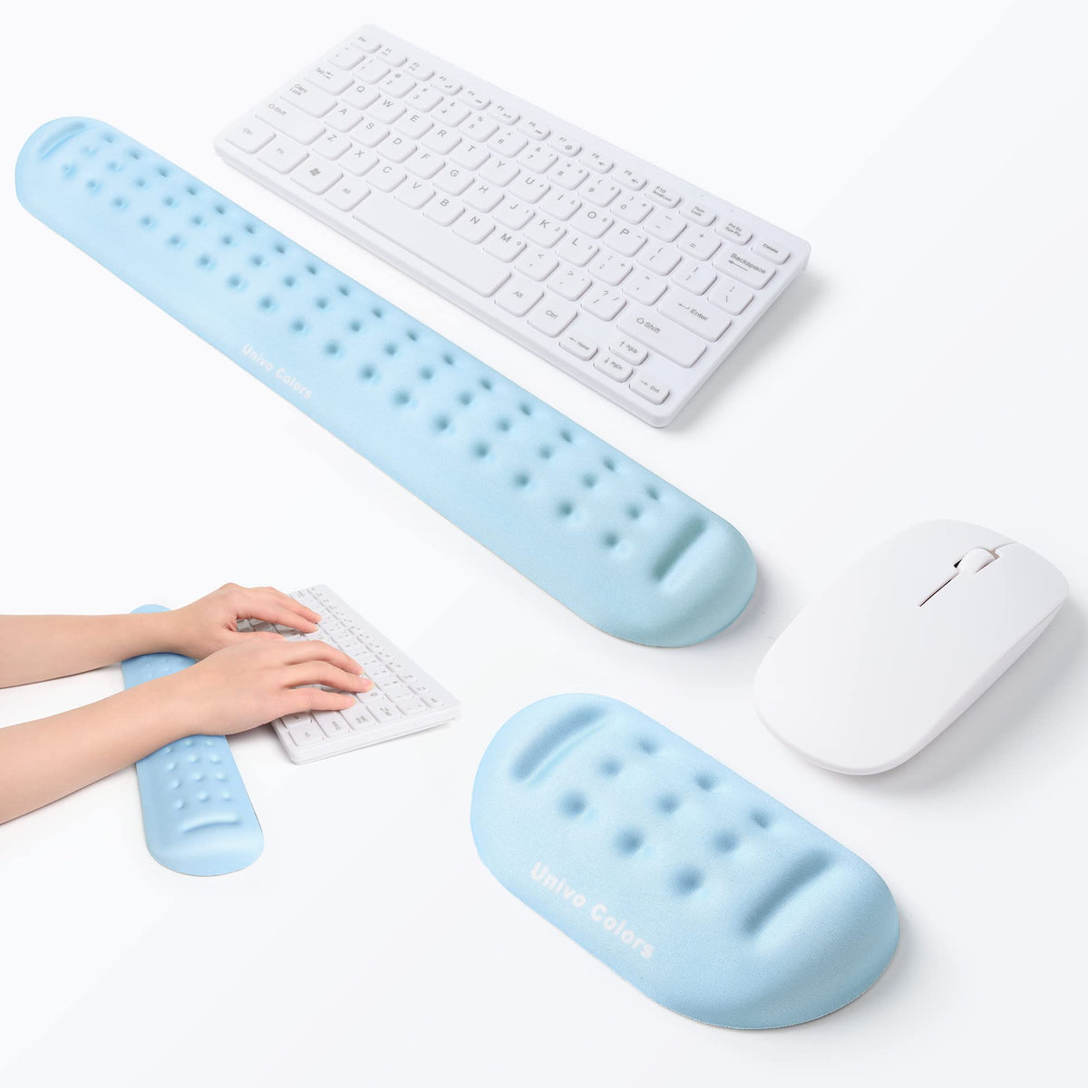UnivoColors Light Blue Keyboard Wrist Support and Mouse Wrist Rest Set, Made of Memory Foam Soft
