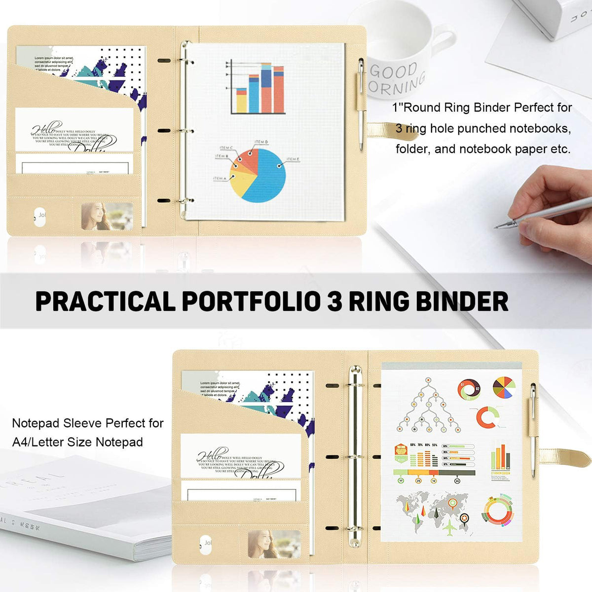 Toplive Padfolio 3 Ring Binder Organizer Business Portfolio Folder for Women, A4/ Letter Size PU