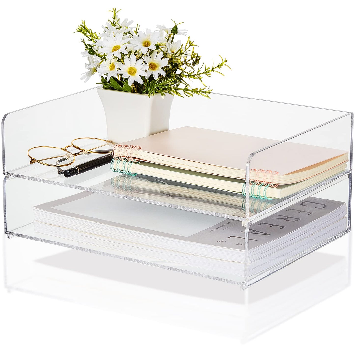 Yulejo 2 Pack Acrylic Desk Organizers, Stackable Paper Tray, 12.4x8.8x5.4''