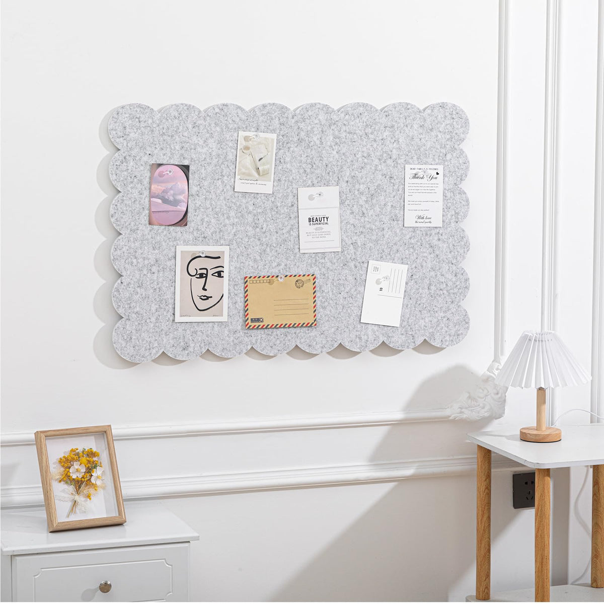 Mooliwe Scalloped Felt Bulletin Cork Board Foldable Light Gray 36 * 24 Inch