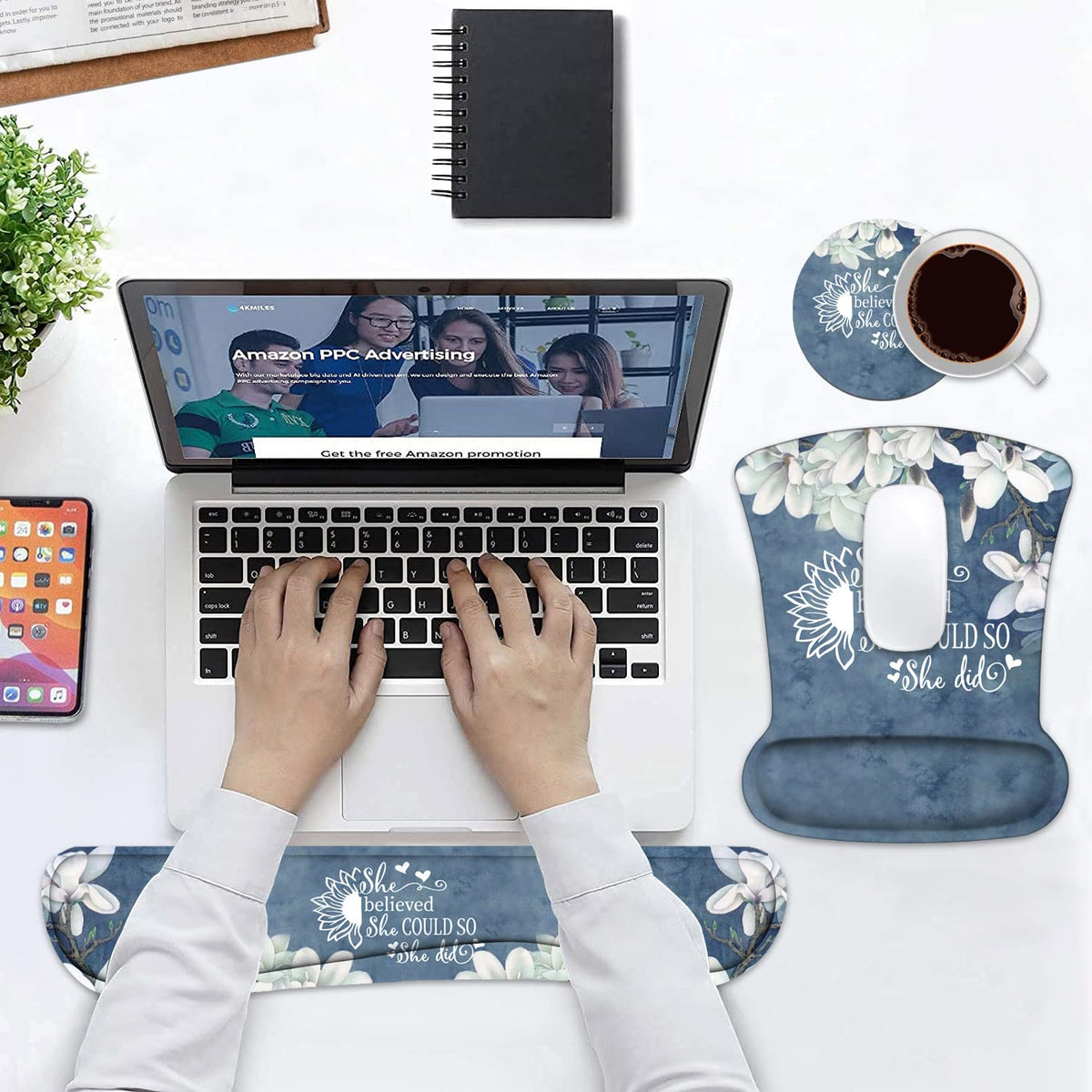 Keyboard Wrist Rest and Mouse Pad Wrist Support Set with Coasters, She Believed She Could So She